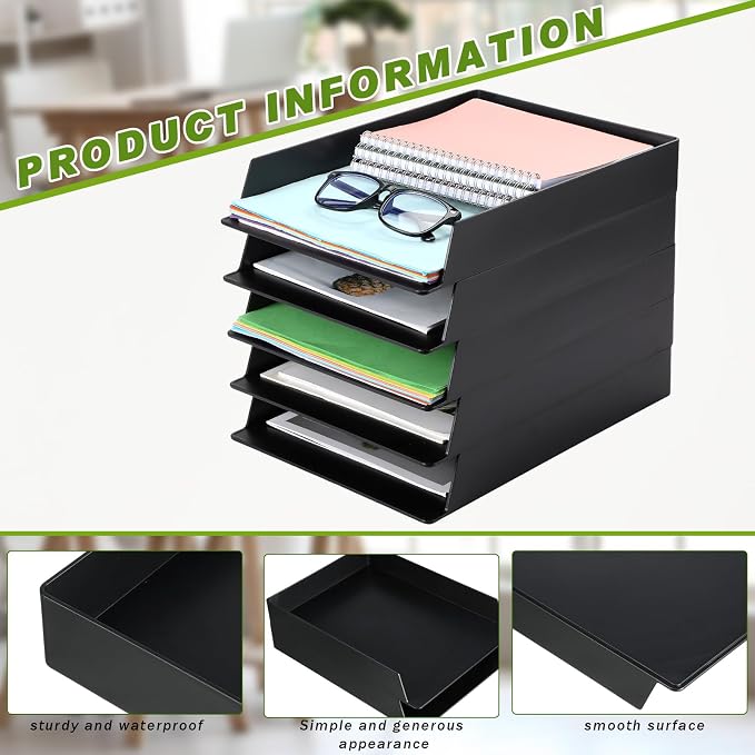 20 Pcs Stackable Paper Trays Rectangular Plastic Desk Holder Desktop Document File Organizer Storage Letter for Back to School Office Classroom (Black) - Image 3