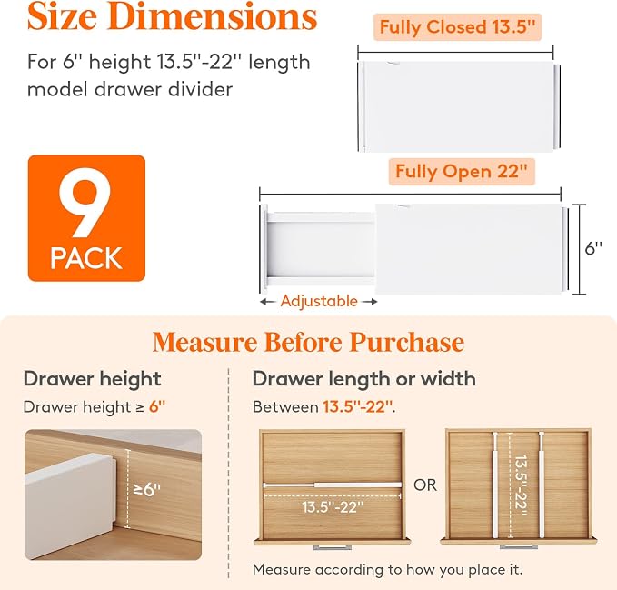 Lifewit 6" Tall Upgrade Drawer Dividers, Adjustable Deep Drawer Organizer | 13.5"-22" Expandable White Drawer Separator for Clothes, Dresser/Kitchen/Closet/Bedroom/Office Organization & Storage, 9 Pack - Image 2
