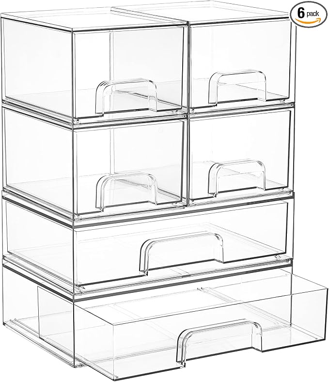 Vtopmart Stackable Storage Drawers Set of 6, Clear Plastic Organizer Bins for Bathroom Supplies, Ideal for Cabinet,Shelf, Pantry, Laundry Room Organization by Vtopmart