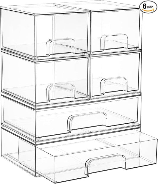 Vtopmart Stackable Storage Drawers Set of 6, Clear Plastic Organizer Bins for Bathroom Supplies, Ideal for Cabinet,Shelf, Pantry, Laundry Room Organization by Vtopmart
