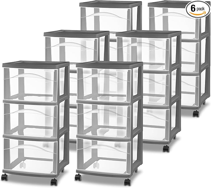 Sterilite 6 Pack 3 Drawer Storage Cart, Rolling Organization, Flat Gray by Sterilite