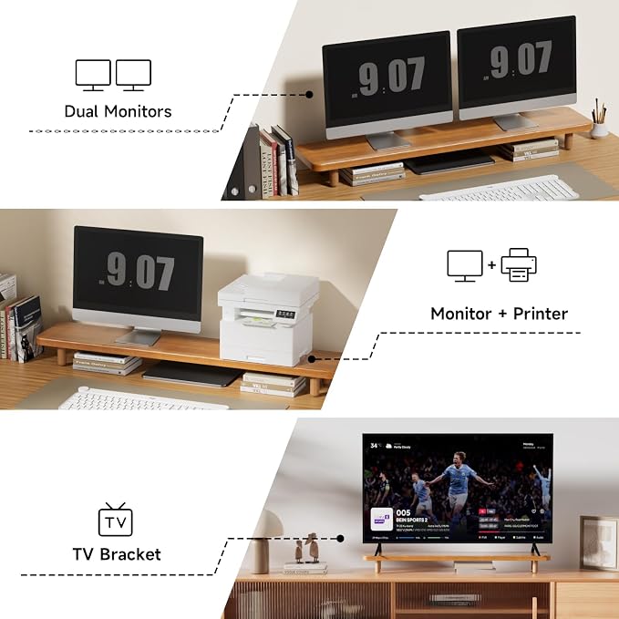 Dual Monitor Stand Riser, 39 Inch Extra Long Wooden Desktop Monitor Riser with Storage for 2 Monitors Ultra Strong Desk Shelf Organizer Riser Ergonomic for 2 Screens/Laptop/PC/TV/Printer (Light Walnut, 39inches) - Image 6