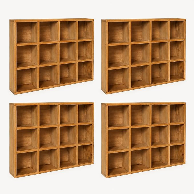 48-Compartment Wood Trinket Shelf, 4-Pack Stackable Cubby Curio Cabinet, Wall Mounted or Freestanding Display Shelf for Figurines, Miniatures, Shot Glasses, Knick Knacks & Small Collectibles - Image 6