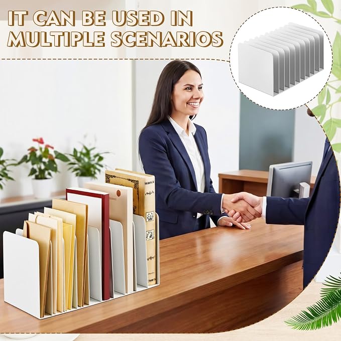 Suzile Metal Desktop File Organizer, 10 Compartments, Vertical File Sorter, White, 5.79" W x 10.63" L x 5.41" H, Office, Reception Areas, Workspace - Image 6