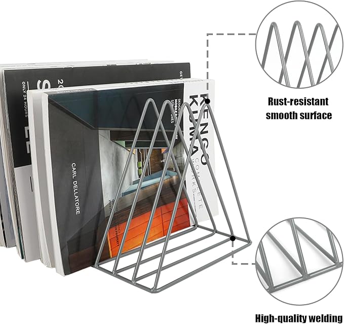 Vinyl Record Holder Storage, 9 Slot Metal Magazine Book Album Display Rack, Stylish Triangle Desktop File Sorter Organizer for Home Office, Grey - Image 3
