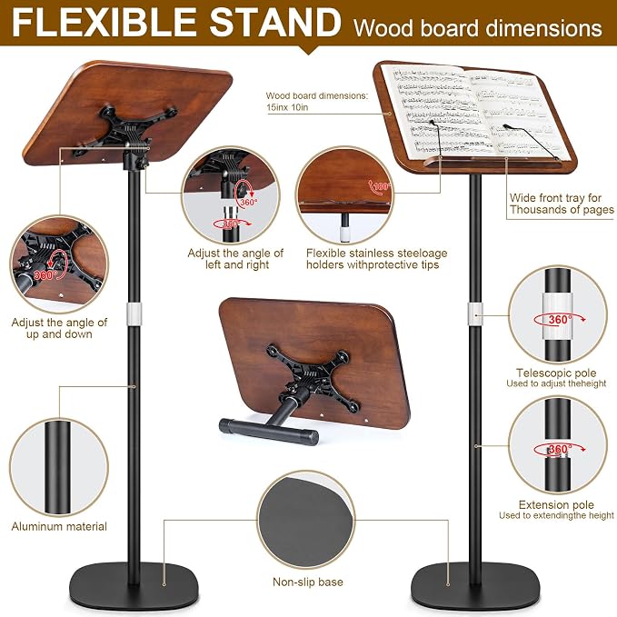 2 in 1 Dual-use Music Stand & Desktop Book Stand, Adjustable Height 16.5"-51", 100% Solid Wood Laptop Floor Stand Book Holder with Elastic Page Clips for Cookbooks (Black Walnut) - Image 2