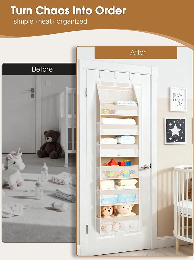 Over the Door Organizer, 6-Shelf Closet Hanging Storage with 13 Mesh Pockets, 55lbs Capacity Behind the Door Storage for Baby Nursery, Bathroom, Bedroom, and Dorm, Beige - Image 8