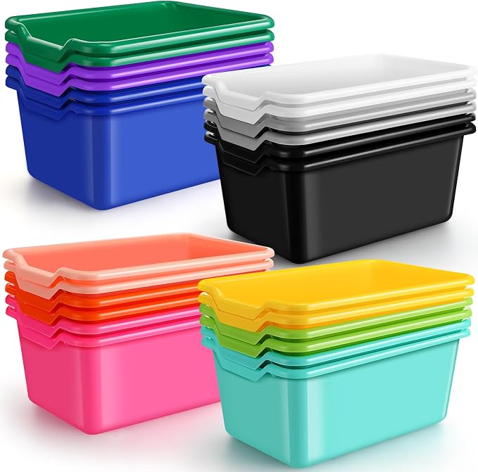 24 Pcs Plastic Book Bins for Classroom Library Colorful Scoop Front Cubby Bins Stackable Toy Storage Containers with Handles for School Home Office Nursery Daycare (Bright Color) by Dandat