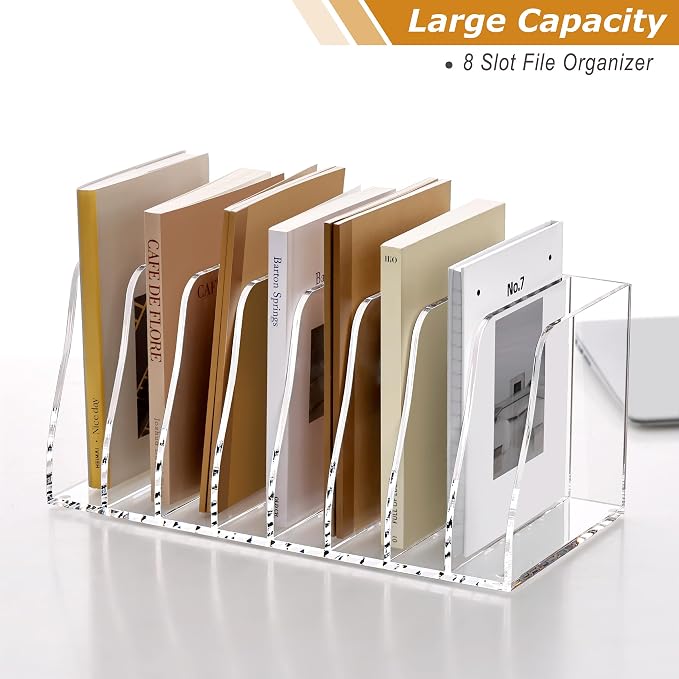 SANRUI Acrylic Desk File Organizer, 8 Slot Clear Magazine File Holder | Desktop Vertical Workspace Sorters, Folder Rack for Office Accessories Organization Storage - Image 7