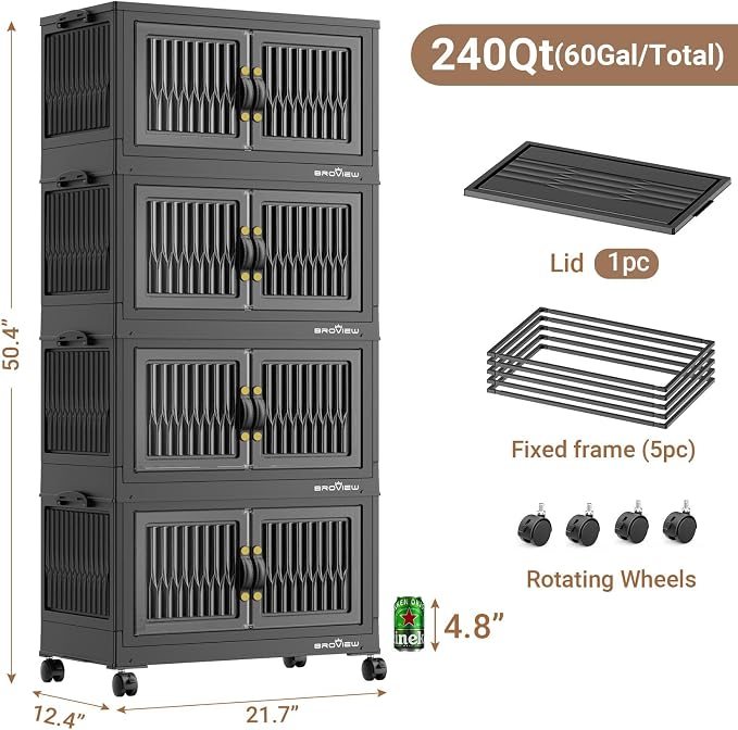 BROVIEW 240Qt Stackable Storage Bins with Lid, Extra Large Closet Organizer Collapsible Drawer Boxes with Wheels, Folding Plastic Cabinet Containers for Home Kitchen Room Organization, 4Pack Black - Image 2