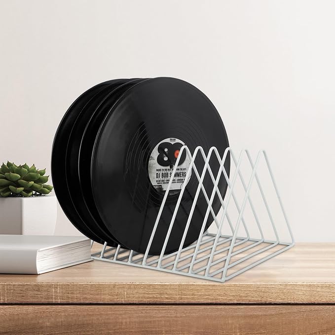 Vinyl Record Holder Storage, 9 Slot Metal Magazine Book Album Display Rack, Stylish Triangle Desktop File Sorter Organizer for Home Office, White - Image 6