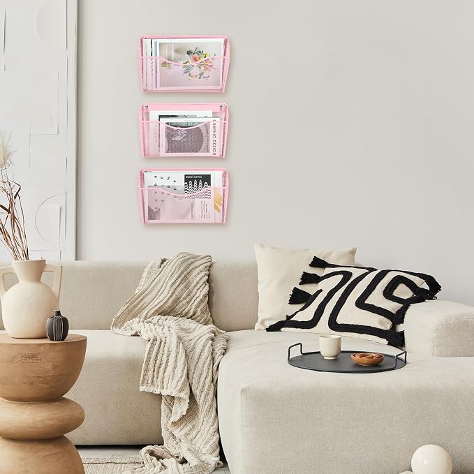 3 Single Pocket Mesh Hanging File Organizer, Vertical Wall Mounted Magazine File Holder, Mount Basket Mail Paper Document Folder Organizing for Office, Home and School, Pink - Image 6