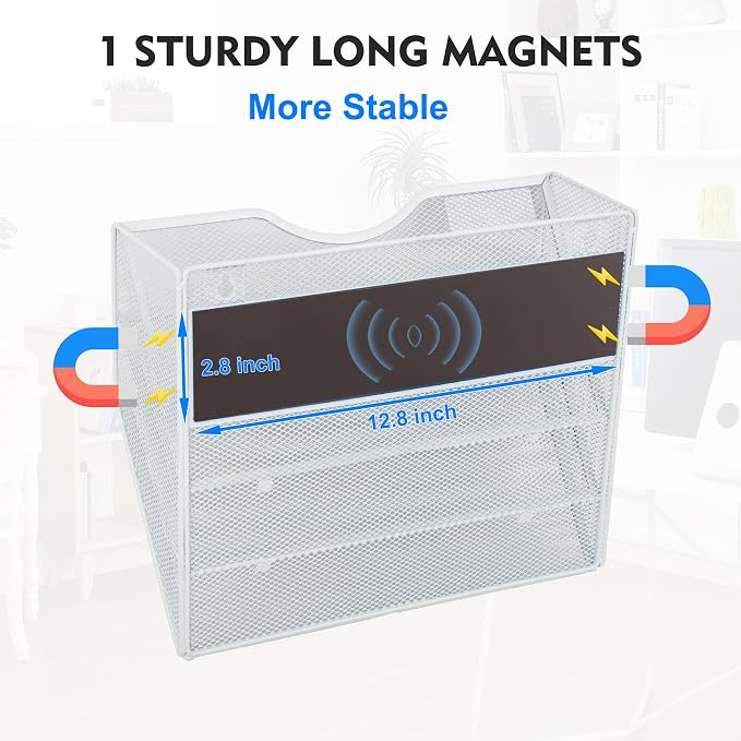 Magnetic 3 Pocket Mesh Hanging Wall File Organizer, Wall Mounted Mail Paper Document Folder Holder, Clipboard Storage Magazine Rack with Nametag Label for Office Home School, White - Image 2