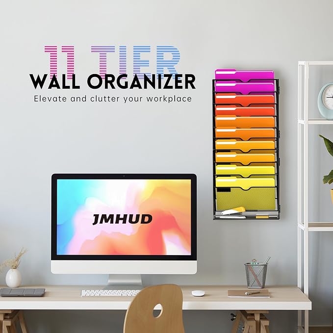 2-Pack 11-Tier Wall File Organizer with Base and Hooks, Black | Wall Organizer and Wall File Holder with 11 Vertical Pockets and Bottom Tray for Files, Mail, Folders, Magazines and Paper - Image 2