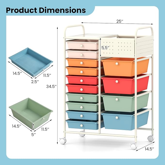 GOFLAME 14-Drawer Rolling Storage Cart with Pegboard, Craft Storage Cart with Lockable Wheels and Metal Frame, Art Cart Supply Storage Organizer for Home Office Classroom, Macaron Color - Image 3