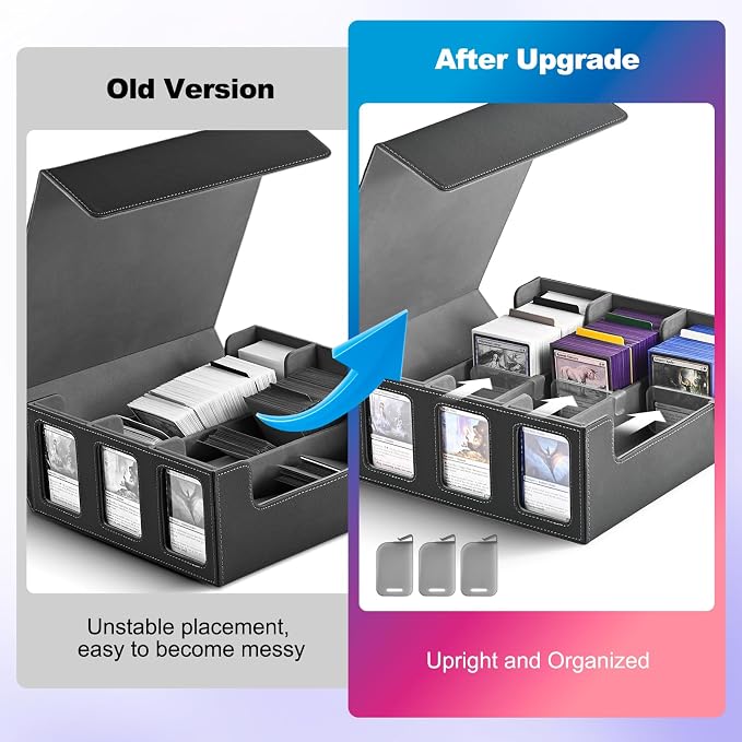 UAONO 3-Row Trading Card Storage Box with Commander Display, Black Grey | 1800+ Commander Deck Box for MTG, Bulk Card Case Fits Magic TCG PTCG Sports Cards, 10 Dividers & 3 Stoppers - Image 6