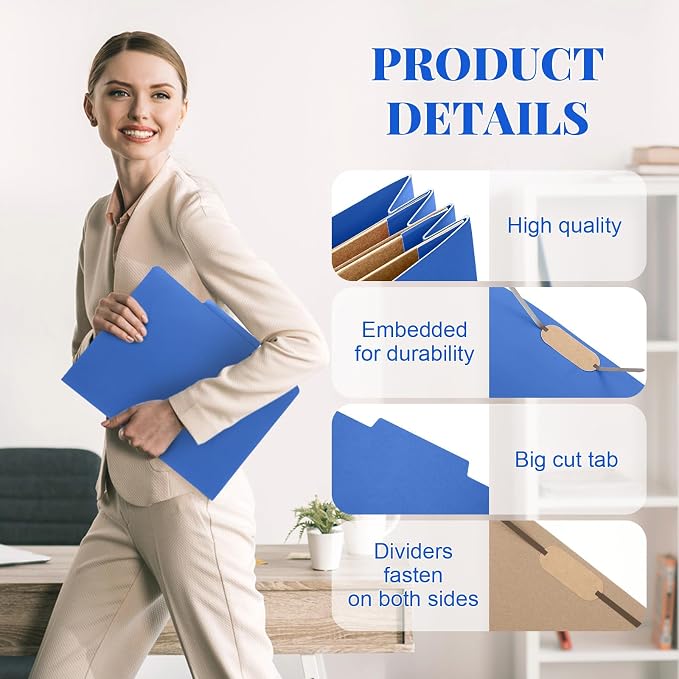 Skyygemm 12 Pcs Classification Folders 3 Pocket Dividers Letter Size Employee File Folder with 2 Prong Fasteners 2 in Expansion Pressboard Medical Document Organizers Bulk for School Office(Dark Blue) - Image 6