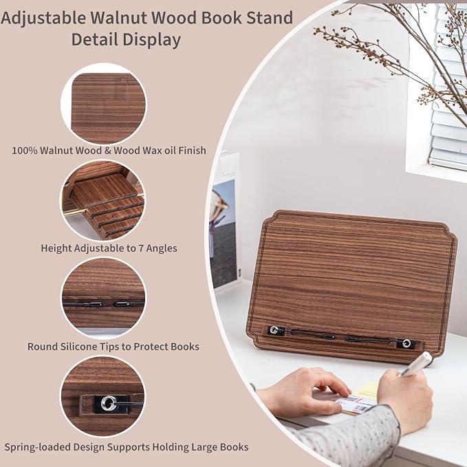 Portable Book Stand for Reading, Adjustable Wooden Laptop Stand. Foldable Desktop Stand for Cookbook, Fits All Books (Walnut, Chinoiserie Simple) - Image 3