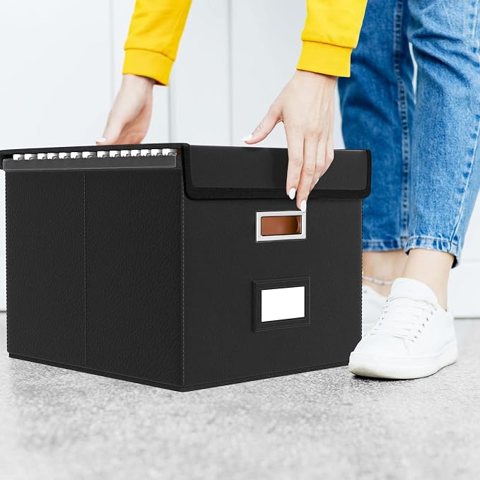 File Organizer Box with Lids, Collapsible File Folder Organizer | File Box with Plastic Slides for Document, Filing Bin for Letter Size Hanging File Folders (2 Pack, Black, Leather) - Image 5