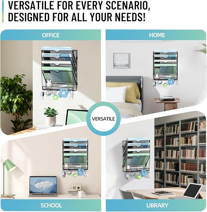 5-Tier Wall File Organizer with 5 Hooks, Wall Mounted Mail Organizer | File Holder Organizer, Metal Mesh Office Wall Organizer for Home, School & Classroom - Image 6