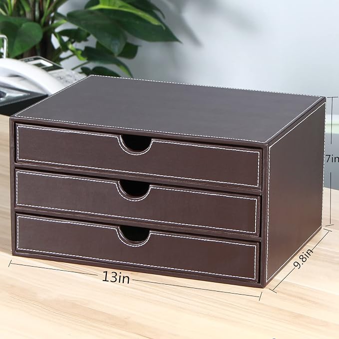 Stackable 3-Drawer Desk Organizer, Executive Office Supplies Desktop Filing A4 File Cabinet/Holder, Leather Storage Box for Document/Paper/Home Decor Accessories (brown)… - Image 3
