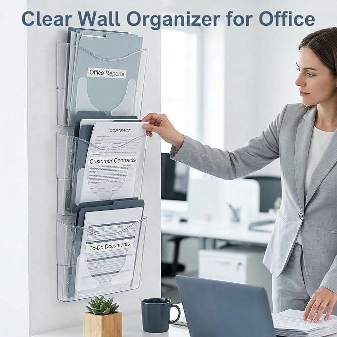 6-Pocket Clear Wall Mount File Organizer for Office, Vertical Hanging Document Paper Folder Holder for Home, Letter Size Mail Sorter, Transparent Magazine Literature Rack with Mounting Hardware - Image 2