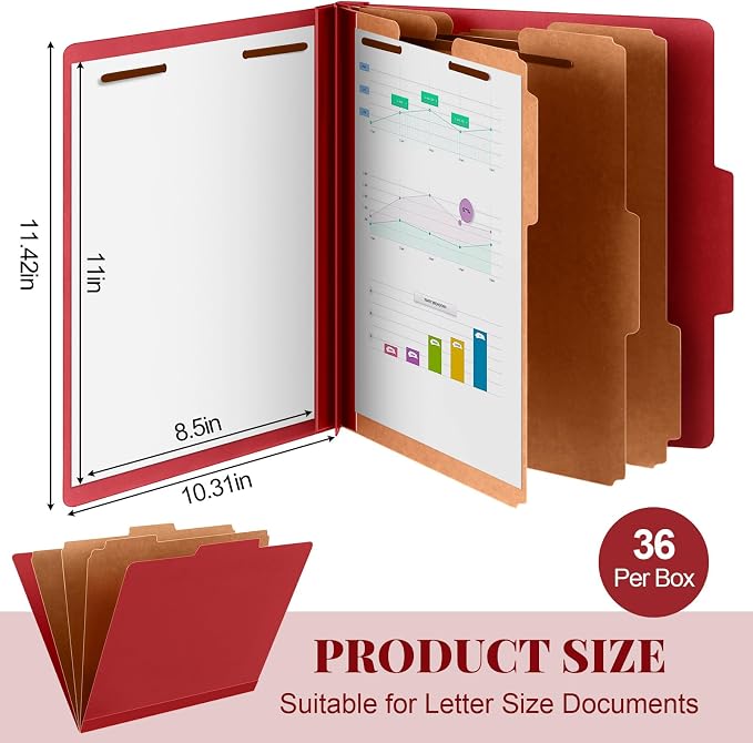Skyygemm 36 Pcs Classification Folder Letter Size, 3 Divider File,Red | Back to School Supplies, Pressboard File with Fastener, Expanding Organizer Bulk for School Teacher, Office Employee, Staff - Image 2