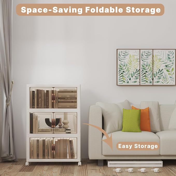 156QT Stackable Storage Bins with Lids,Doors & Wheels | Closet Organizers and Storage Cabinet, Lockable Plastic Foldable Drawers for Bedroom Dorm Office Garage（52QT*3,White） - Image 4