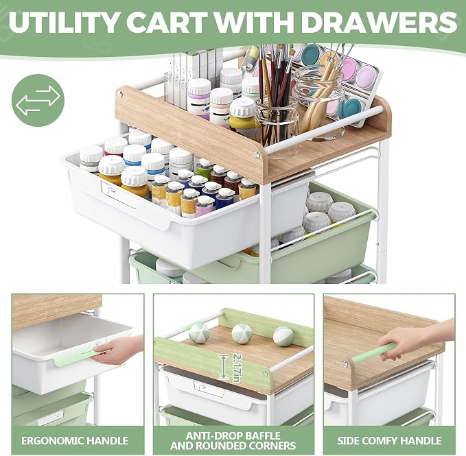 Utility Cart with 5 Drawers, Art Cart for Teacher Kid, Green | Rolling Storage Cart for Crafters Artists Student Storage Arts Crafts & Study Supplies in Craft Room Dorm Classroom Kids Room - Image 4