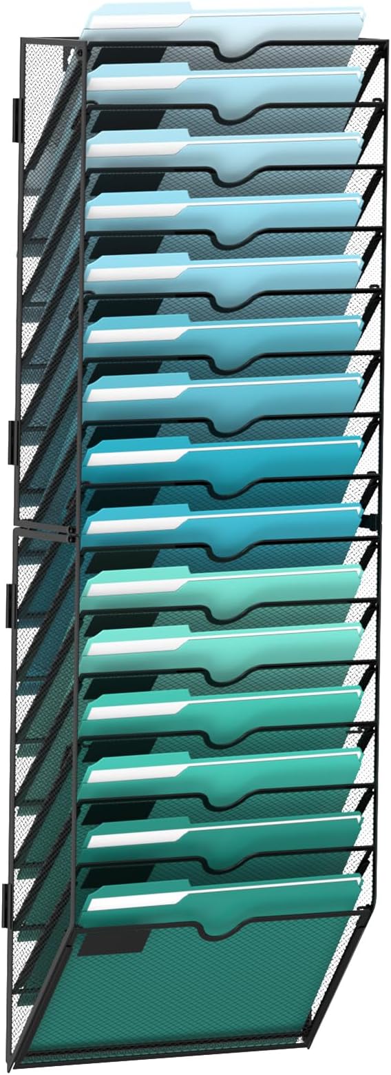 15-Tier Wall File Organizer, Hanging File Holder, Wall Mounted Mail Sorter | Metal Mesh Hanging File Organizer with Open Compartments and Label Panels for Papers and Folders at Home, Office or School by SUPEASY