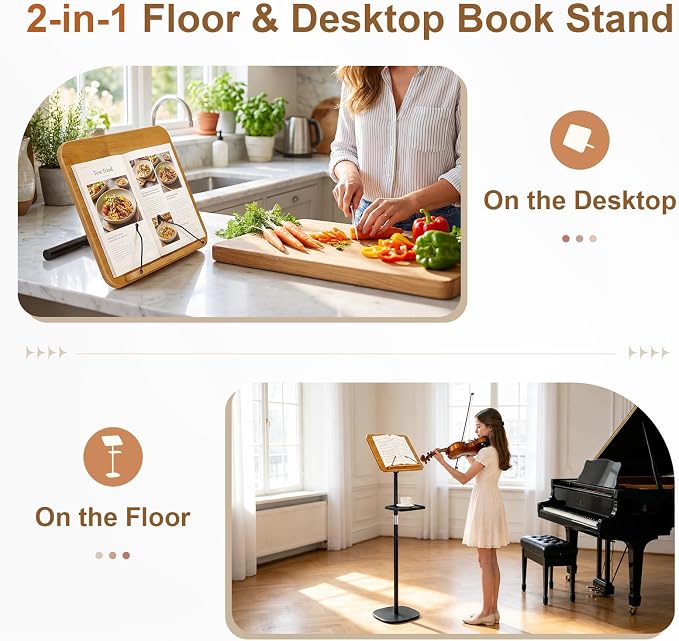 2-in-1 Floor & Desktop Music Book Stand, Adjustable Height 19.7-51.2 in | Dual-use Detachable Reading Stand, Features Storage Tray and Page Clips for Sheet Music, Laptops & Cookbooks - Image 2