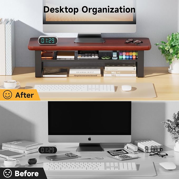 Monitor Stand Riser, 24 Inch Computer Monitor Stand for Desk, 2-Tier Wood Desk Shelf Organizer with Storage, Desktop Stand for Laptop/Screen/PC/Printer, Ergonomic Home Office Monitor Stand - Image 3