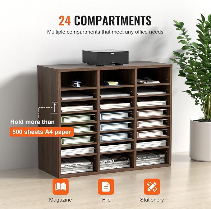 VEVOR 24 Compartments Office Mailbox, Adjustable Shelves, Wood Literature Sorter 29x12x24.4 inches – Ideal for Office, Home, Classroom, Mailrooms Organization – EPA Certified (Brown) - Image 5