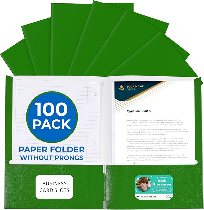 100 Pack Green 2 Pocket Paper Folders. EPI Heavy Duty, Bulk Folders with Pockets and Business Card Slots. Colored Letter Size Document Organizers. Durable Portfolio for School, College, Office Files by EPI