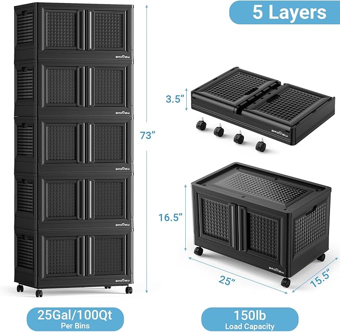 BROVIEW 500Qt Stackable Storage Bins with Lids, 125Gal Closet Organizers and Storage Drawer, Plastic Collapsible Storage Bins with Doors, Heavy Duty Store Box Cabinet for Home Kitchen, 5Pack Black - Image 2