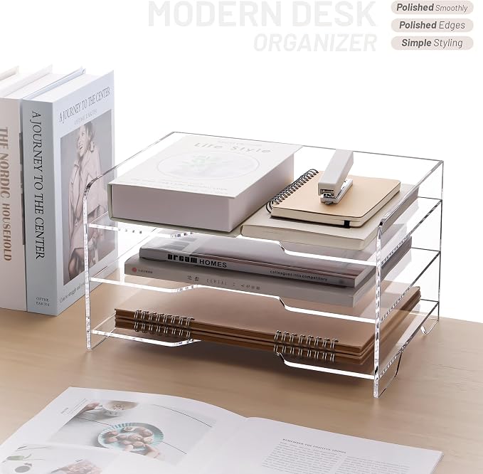 SANRUI Acrylic Paper Organizer Letter Tray, 3 Tier Enlarged File Holder | Clear Desk Organizer for Office Supplies, Versatile Paper Sorter Desk Shelf for Office Classroom Home,13.8 x 9.6 x 7.8 in - Image 4