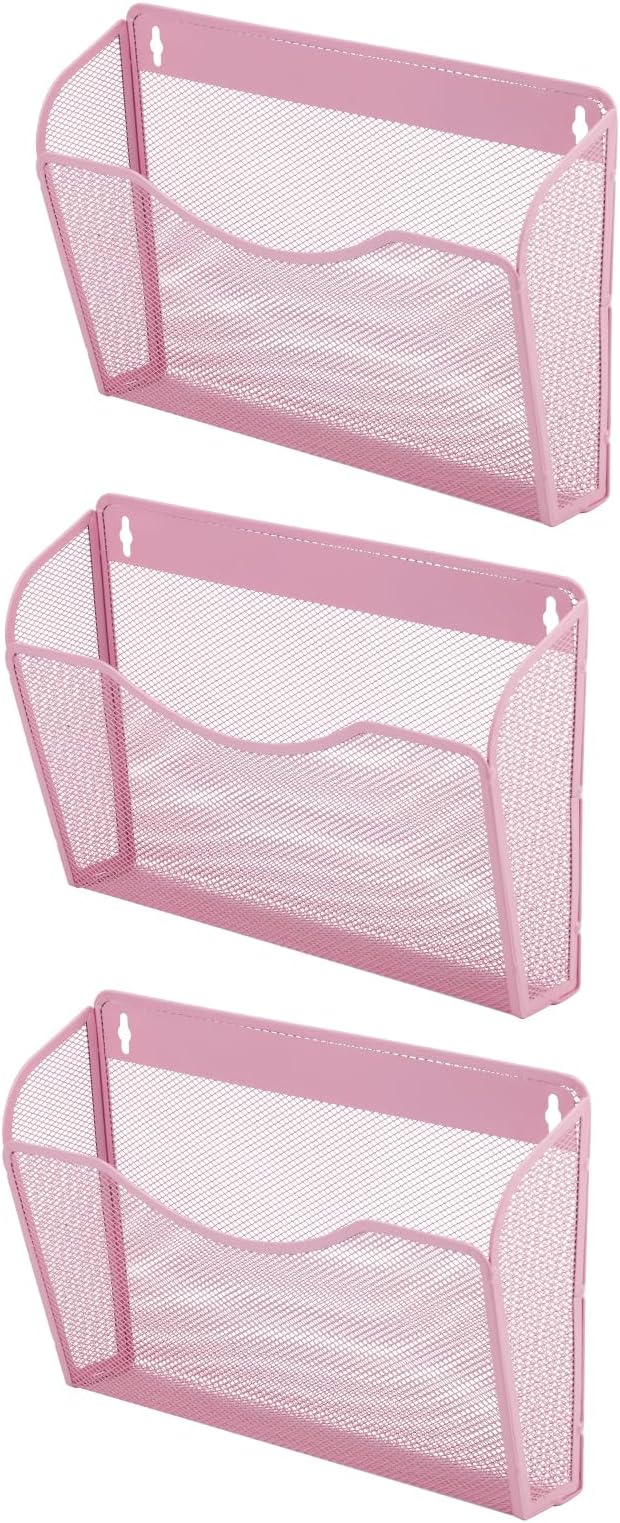 3 Single Pocket Mesh Hanging File Organizer, Vertical Wall Mounted Magazine File Holder, Mount Basket Mail Paper Document Folder Organizing for Office, Home and School, Pink by EASEPRES