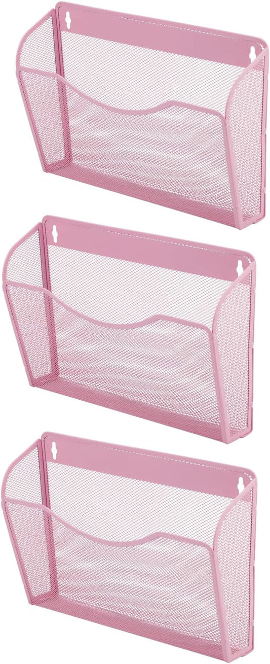 3 Single Pocket Mesh Hanging File Organizer, Vertical Wall Mounted Magazine File Holder, Mount Basket Mail Paper Document Folder Organizing for Office, Home and School, Pink by EASEPRES
