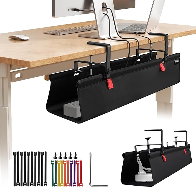 Under Desk Cable Management Tray No Drill, 28Inch Cable Management,Black | Clamp and Screw Mount Cable Management Tray, Extra Large Capacity Desk Cable Management, Fabric Wire Management for Office by SUREUP9