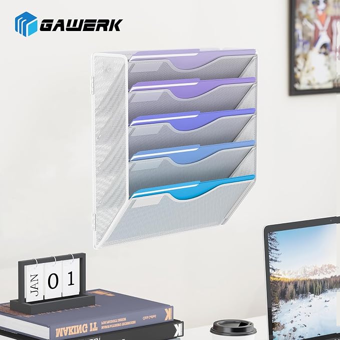 Gawerk 5 Tier Hanging Wall File Organizer, Mesh Mail Paper Orgnization Hanging File Folder Holder for Home Office, White - Image 6