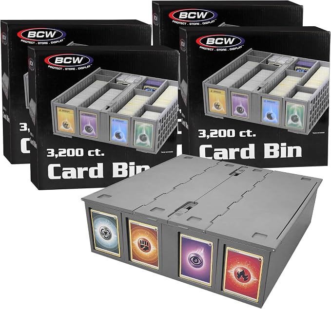 BCW Collectible Card Bin (4-Pack, Gray) | Holds 3200 Cards Each | Includes 4 Dividers Per Bin | Storage for Pokémon, MTG & Sports Cards by BCW