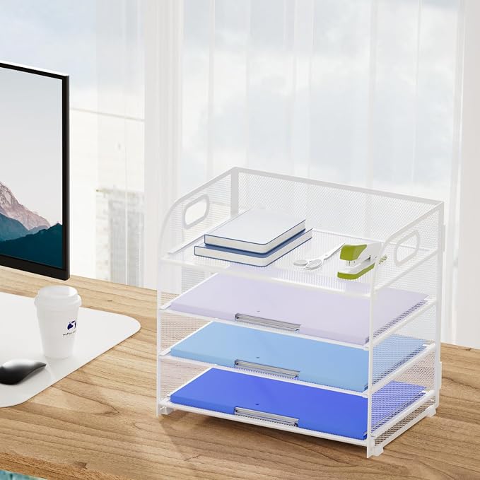 Marbrasse 4 Tier Paper Organizer Letter Tray, Mesh Desk File Organizer with Handle, Paper Sorter Organizer for Letter /A4 Office File Folder Holder（White, 12.6" x 9.1" x 10.7"） - Image 6
