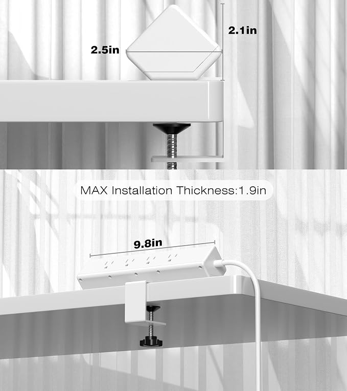 VILONG Desk Clamp Power Strip, Edge Mount, 8AC, 8USB (4 USB-C), 1200J | 40W Fast Charging Station, 6FT 14AWG Cord, Fits 1.9" Desk Edge, Home Office Workstation, White, ETL Listed - Image 8