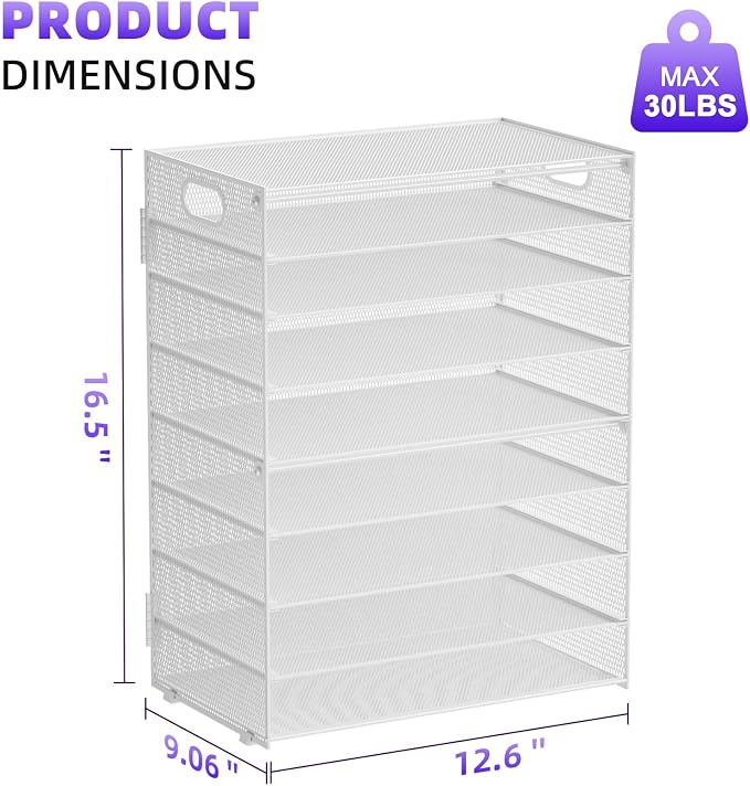 Marbrasse Paper Organizer Letter Tray, 9 Tier Mesh File Organizer with Handle, Paper Sorter Desk Organizer for Home Office Supplies - White - Image 5