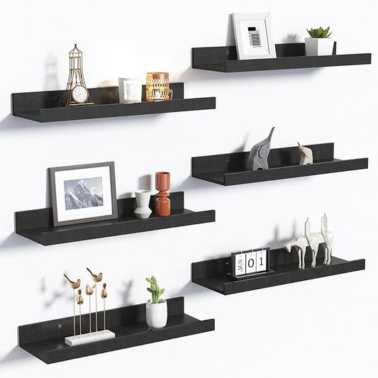 upsimples Floating Shelves for Wall, Wall Shelves for Decor Storage Set of 6, Wall Mounted Wood Shelf for Bedroom, Living Room, Bathroom, Kitchen, Picture Ledge Shelf, Black