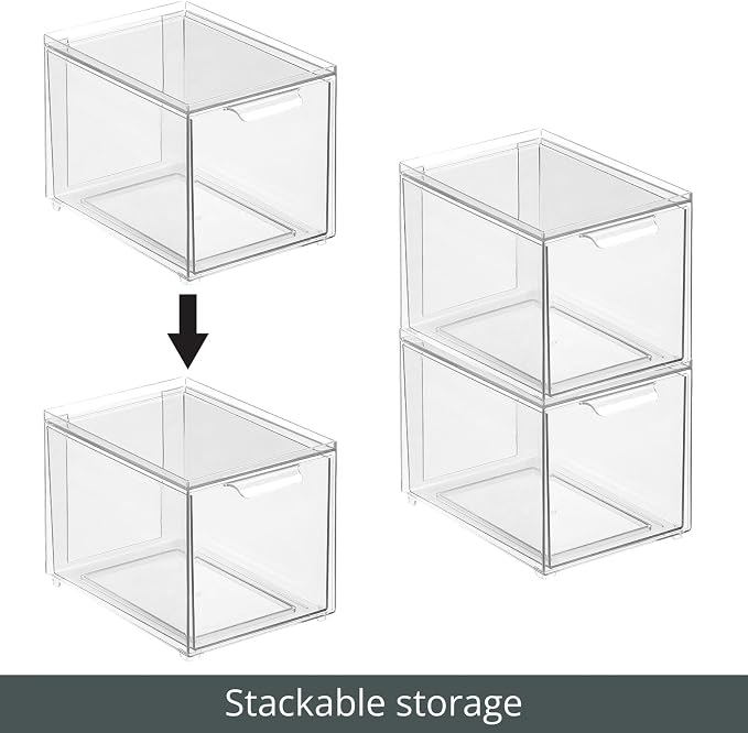 mDesign Plastic Bathroom Organizer Bin w/Pull Out Drawer - Slim Stackable Storage Container for Bathroom Accessories - Perfect for Organizing Bathroom Cabinet - Lumiere Collection - 2 Pack - Clear - Image 5