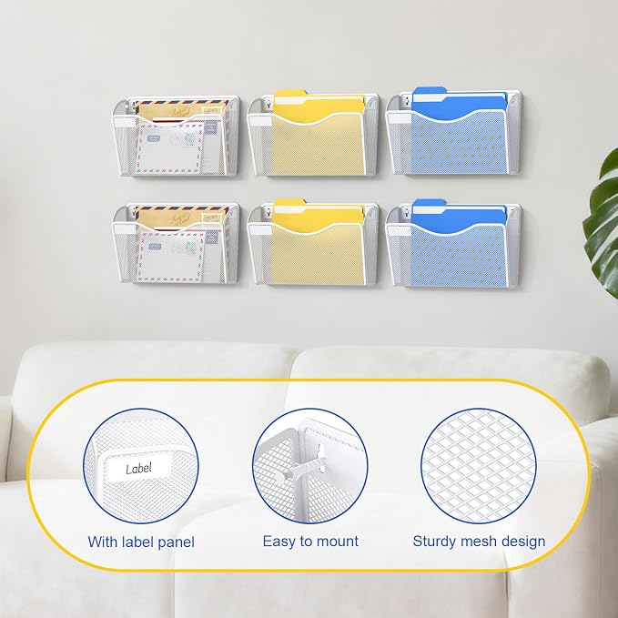 samstar 6 Pack Mesh Wall Mounted File Holder Metal Wall File Pocket Mail Organizer for Office/Home(with Label Panel), White - Image 3