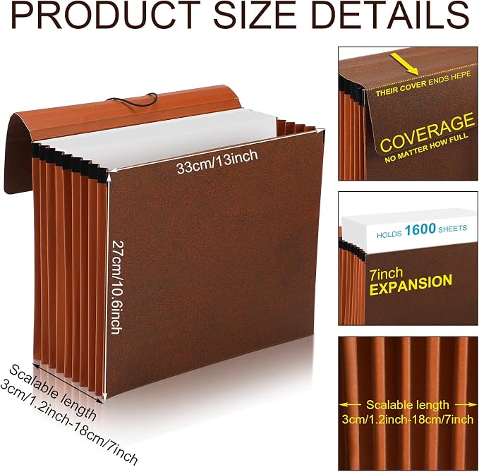 PerKoop 5 Pcs Expanding File Folder with Flap 7 Inch Expansion Expanding File Wallet with Elastic Cord Closure Letter Size Heavy Duty Document Organizer, 10 Slots, Brown - Image 2