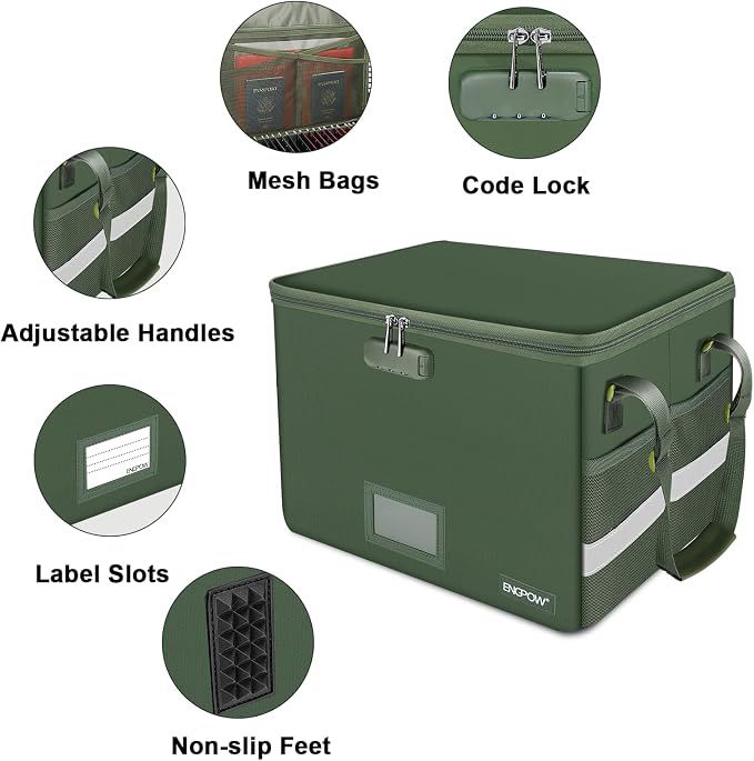 ENGPOW File Box with Lock, Fireproof Document Box with Pockets, Collapsible File Organizer Filing Storage Cabinet with Handle, Portable Home Office Safe for Hanging Letter/Legal Folders,Green,2 Pack - Image 4