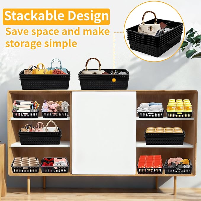 12 Pcs Plastic Storage Baskets Bulk 14 x 10 In Stackable Storage Bin with Handles A4 Size Desktop File Letter Organizer Tray Multi-purpose Container for Shelve Desktop Classroom Office Home Playroom - Image 5
